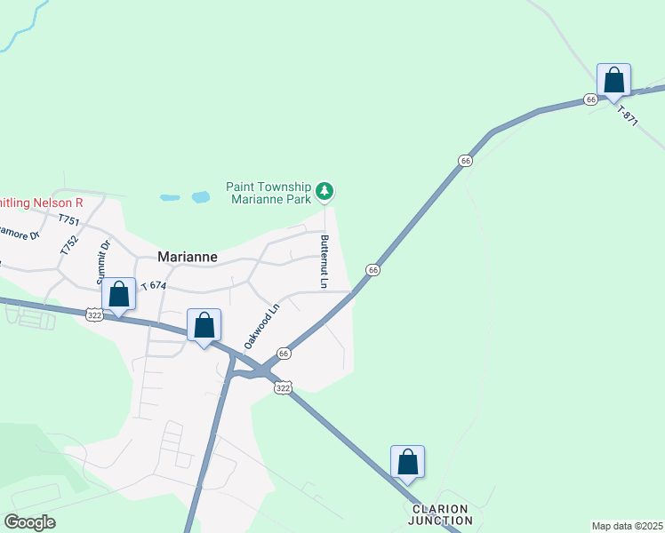 map of restaurants, bars, coffee shops, grocery stores, and more near 133 Oakwood Lane in Shippenville