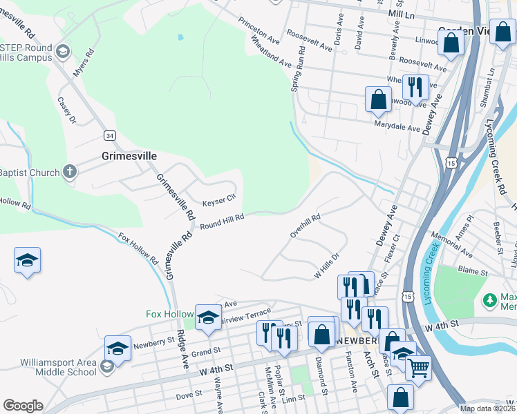 map of restaurants, bars, coffee shops, grocery stores, and more near 107-139 Round Hill Road in Williamsport