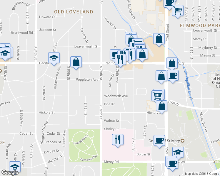 map of restaurants, bars, coffee shops, grocery stores, and more near 1410 Marbee Drive in Omaha