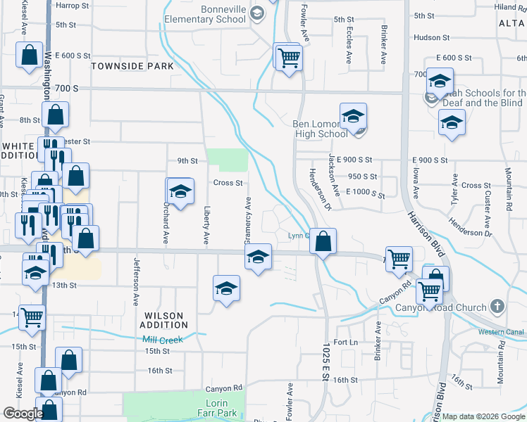 map of restaurants, bars, coffee shops, grocery stores, and more near 1114 Gramercy Avenue in Ogden