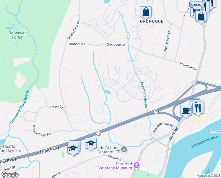 map of restaurants, bars, coffee shops, grocery stores, and more near 237 Boxelder Lane in Stratford