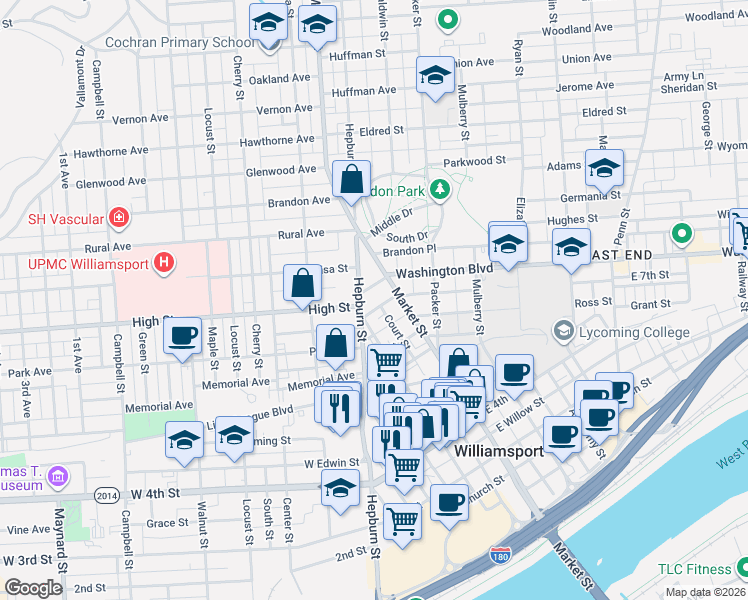 map of restaurants, bars, coffee shops, grocery stores, and more near 642 Pine Street in Williamsport