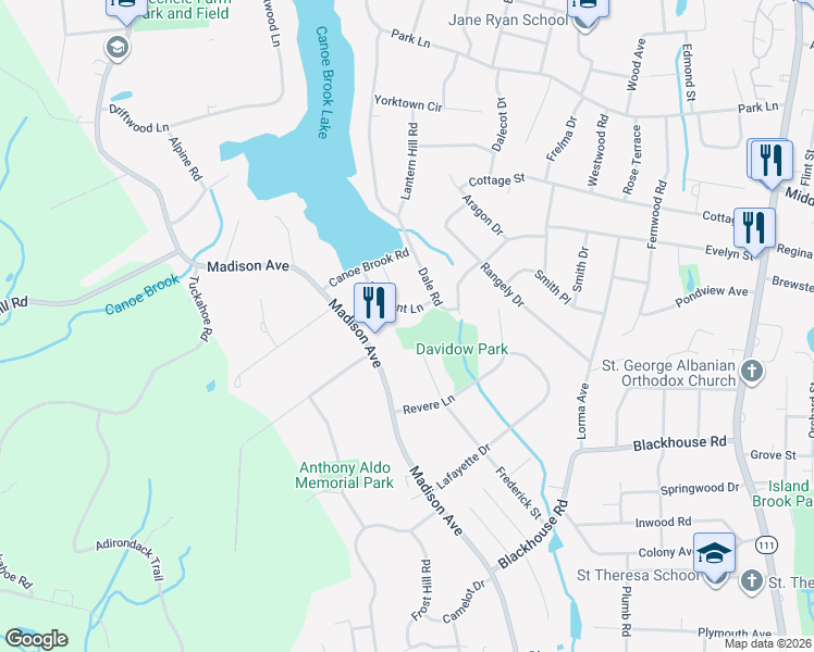map of restaurants, bars, coffee shops, grocery stores, and more near 68 Frederick Street in Trumbull