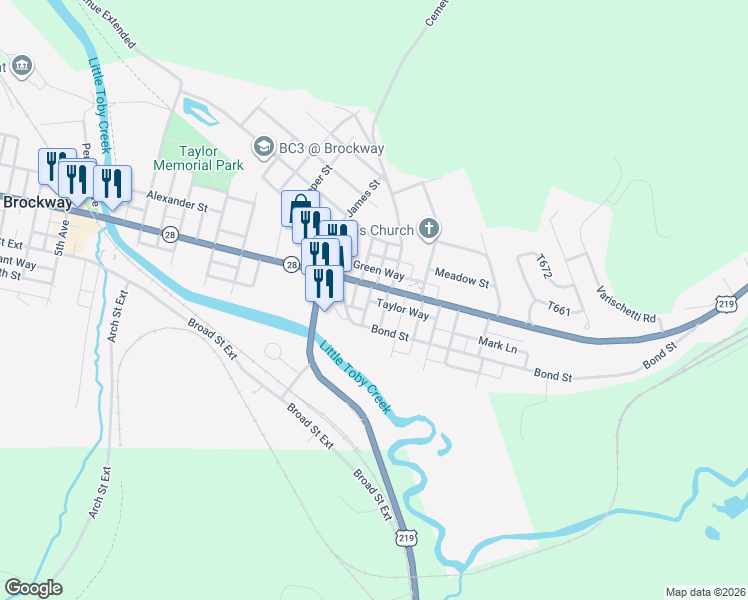 map of restaurants, bars, coffee shops, grocery stores, and more near 900-956 Knight Way in Brockway
