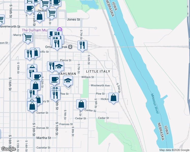map of restaurants, bars, coffee shops, grocery stores, and more near 521 William Street in Omaha