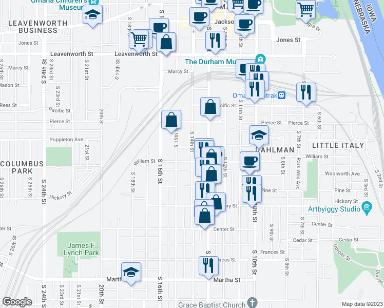 map of restaurants, bars, coffee shops, grocery stores, and more near 1255 South 14th Street in Omaha