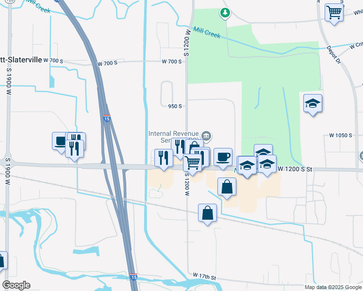 map of restaurants, bars, coffee shops, grocery stores, and more near 1119 South 1200 West in Ogden