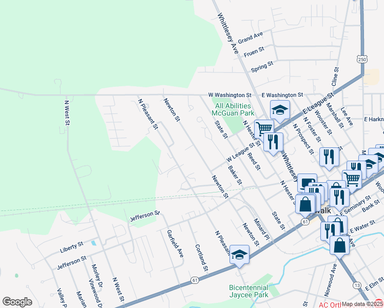 map of restaurants, bars, coffee shops, grocery stores, and more near 81 Newton Street in Norwalk