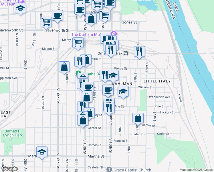 map of restaurants, bars, coffee shops, grocery stores, and more near 1400 South 10th Street in Omaha