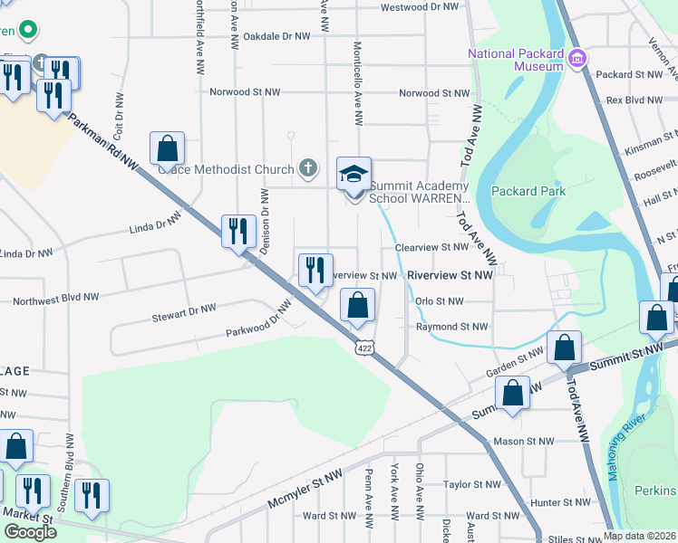 map of restaurants, bars, coffee shops, grocery stores, and more near 1360 Drexel Avenue Northwest in Warren