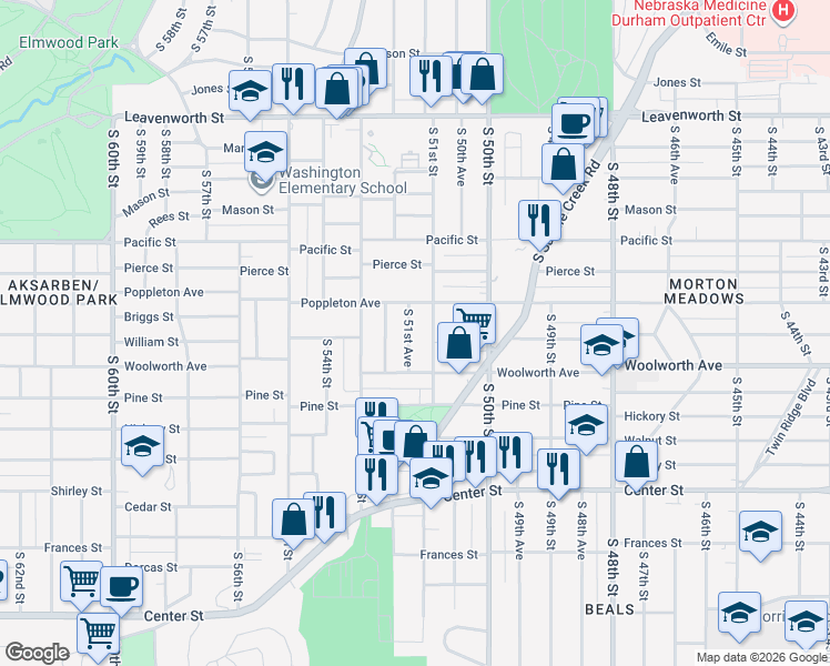 map of restaurants, bars, coffee shops, grocery stores, and more near 1406 South 51st Street in Omaha