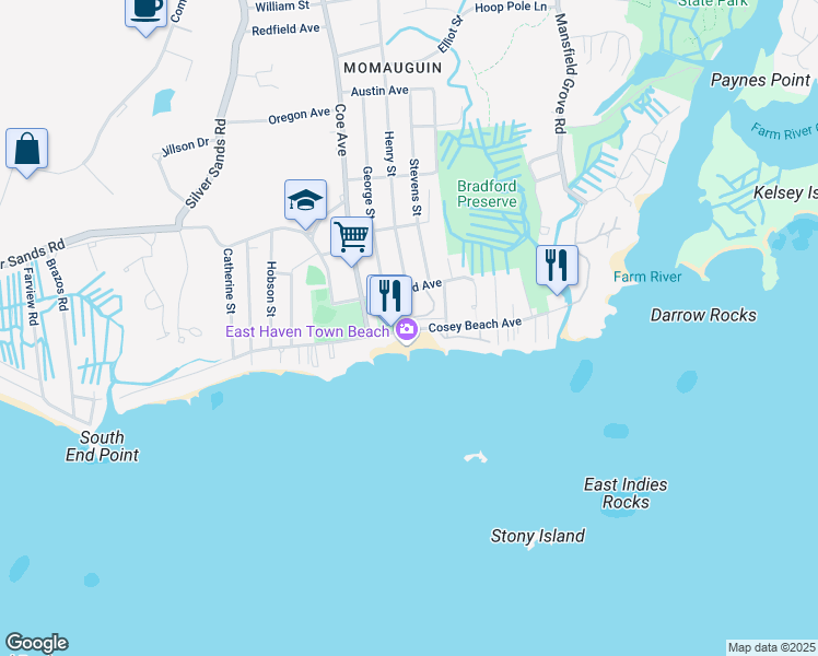 map of restaurants, bars, coffee shops, grocery stores, and more near 131 Cosey Beach Avenue in East Haven