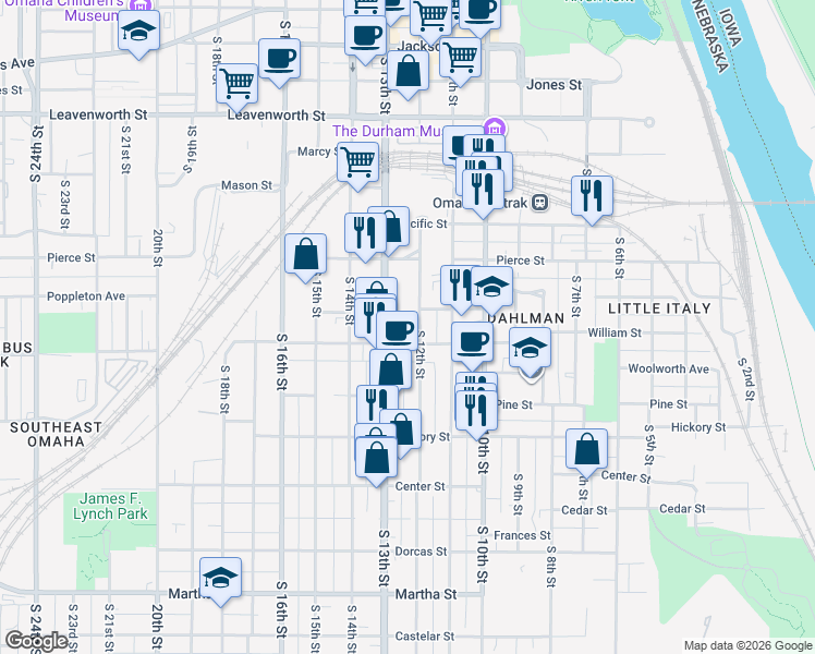 map of restaurants, bars, coffee shops, grocery stores, and more near 1202 William Street in Omaha
