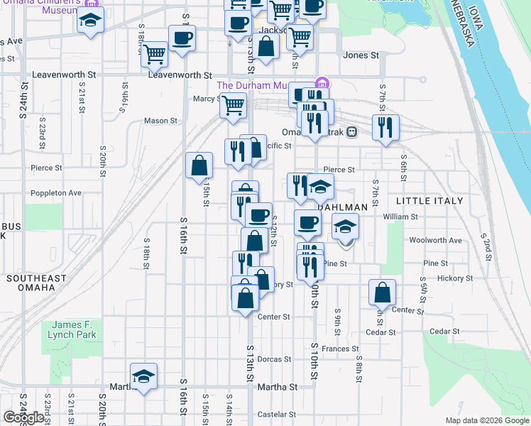 map of restaurants, bars, coffee shops, grocery stores, and more near 1202 William Street in Omaha