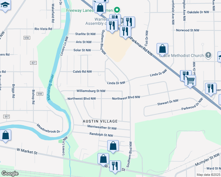 map of restaurants, bars, coffee shops, grocery stores, and more near 2890 Williamsburg Street Northwest in Warren