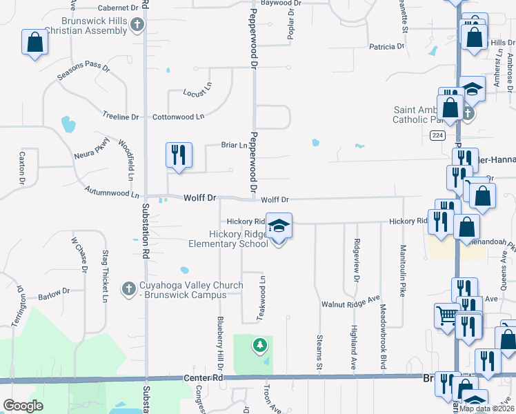 map of restaurants, bars, coffee shops, grocery stores, and more near 4655 Hickory Ridge Avenue in Brunswick
