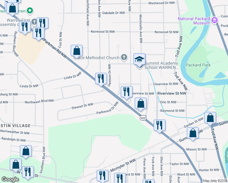 map of restaurants, bars, coffee shops, grocery stores, and more near 1729 Parkman Road Northwest in Warren