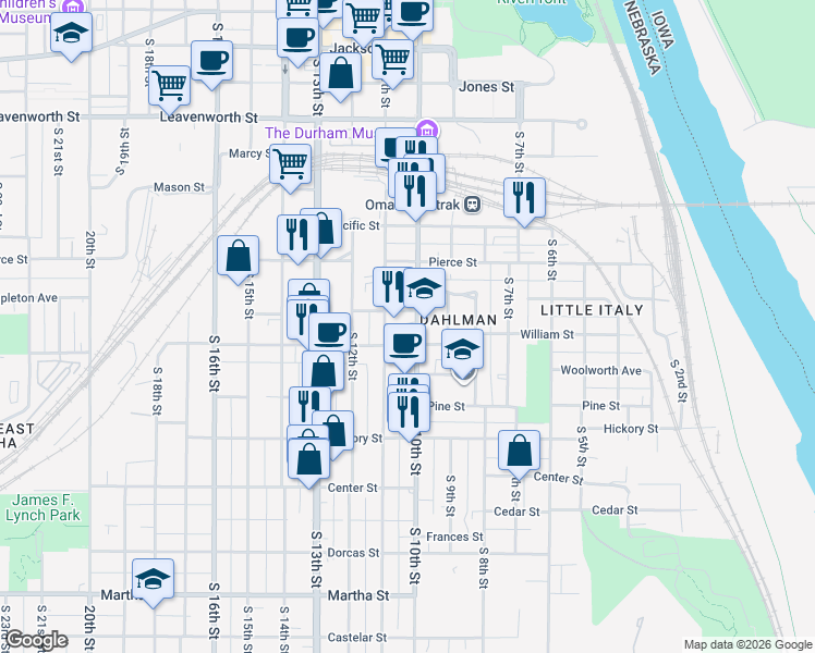 map of restaurants, bars, coffee shops, grocery stores, and more near in Omaha