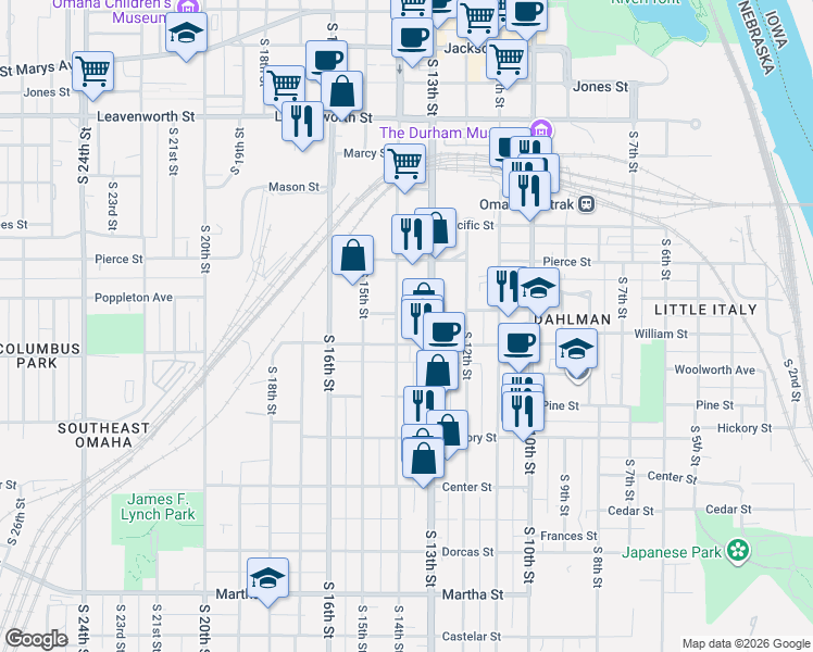 map of restaurants, bars, coffee shops, grocery stores, and more near 1317 William Street in Omaha