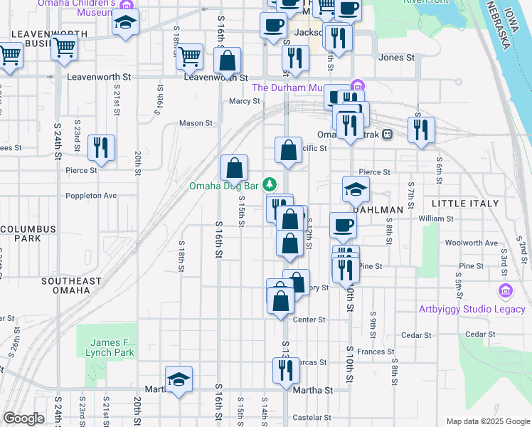 map of restaurants, bars, coffee shops, grocery stores, and more near 1253 South 14th Street in Omaha