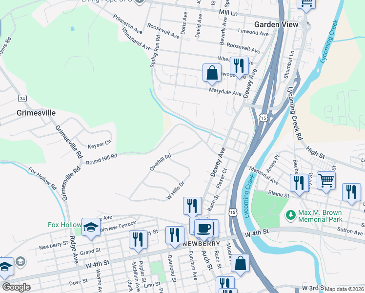 map of restaurants, bars, coffee shops, grocery stores, and more near 5-29 Overhill Rd in Williamsport