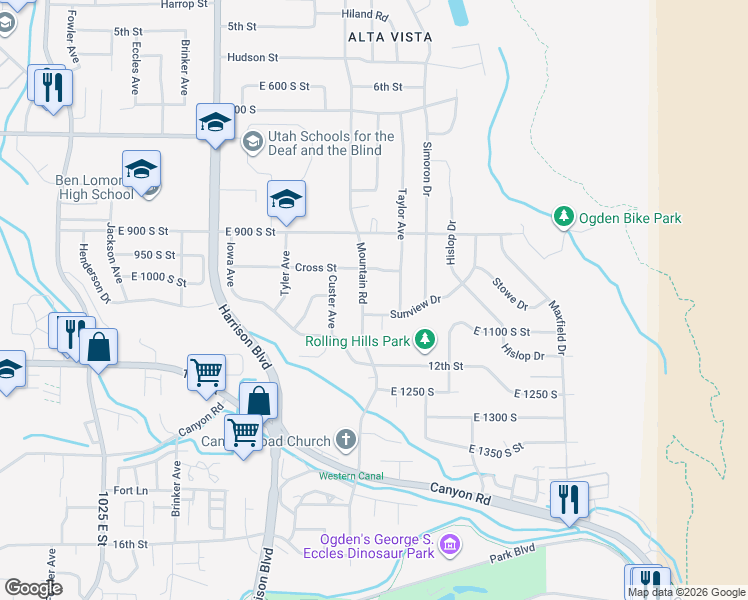 map of restaurants, bars, coffee shops, grocery stores, and more near 1010 Sunview Circle in Ogden