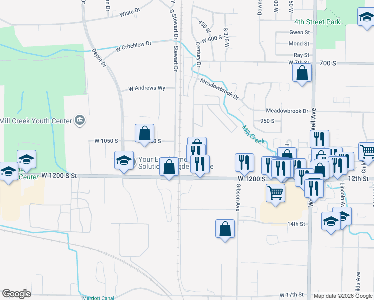 map of restaurants, bars, coffee shops, grocery stores, and more near 1145 Century Drive in Ogden