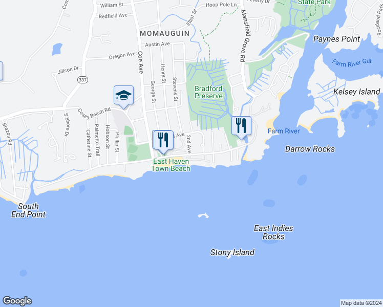 map of restaurants, bars, coffee shops, grocery stores, and more near 9 2nd Avenue in East Haven