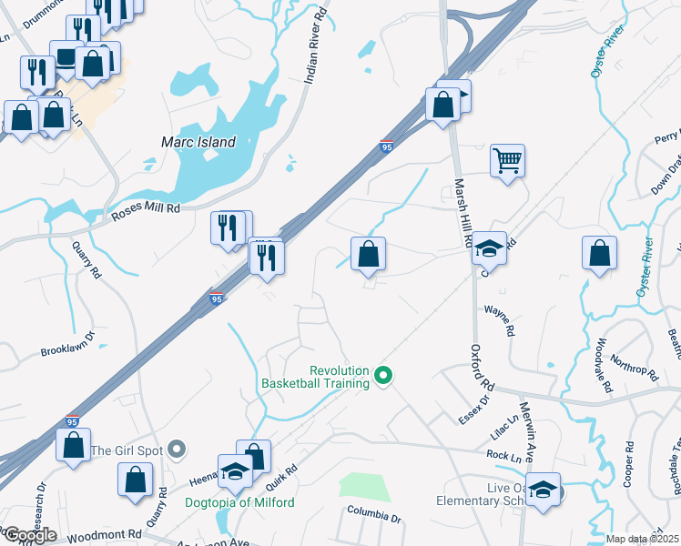 map of restaurants, bars, coffee shops, grocery stores, and more near 11 Marble Lane in Milford
