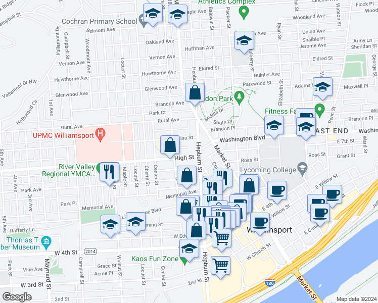 map of restaurants, bars, coffee shops, grocery stores, and more near 301-399 High Street in Williamsport