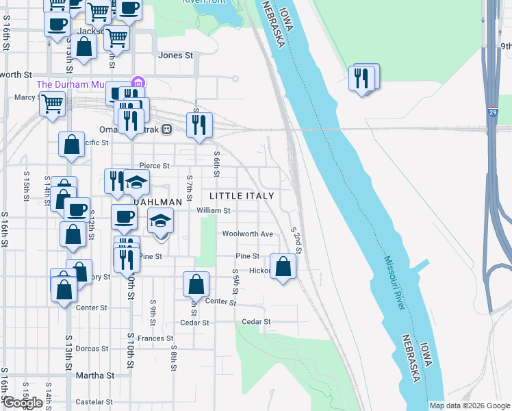 map of restaurants, bars, coffee shops, grocery stores, and more near 409 William Street in Omaha