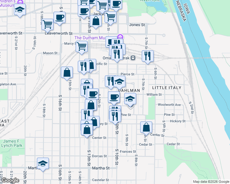 map of restaurants, bars, coffee shops, grocery stores, and more near in Omaha