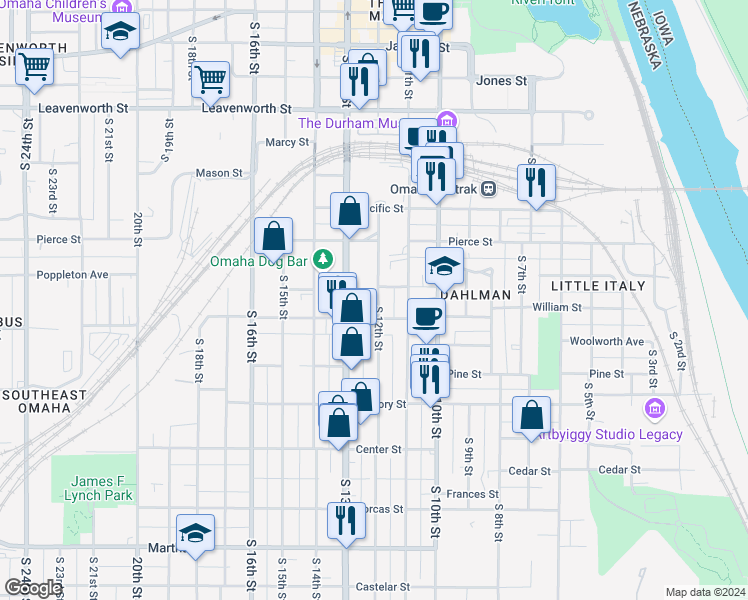 map of restaurants, bars, coffee shops, grocery stores, and more near 1211 William Street in Omaha