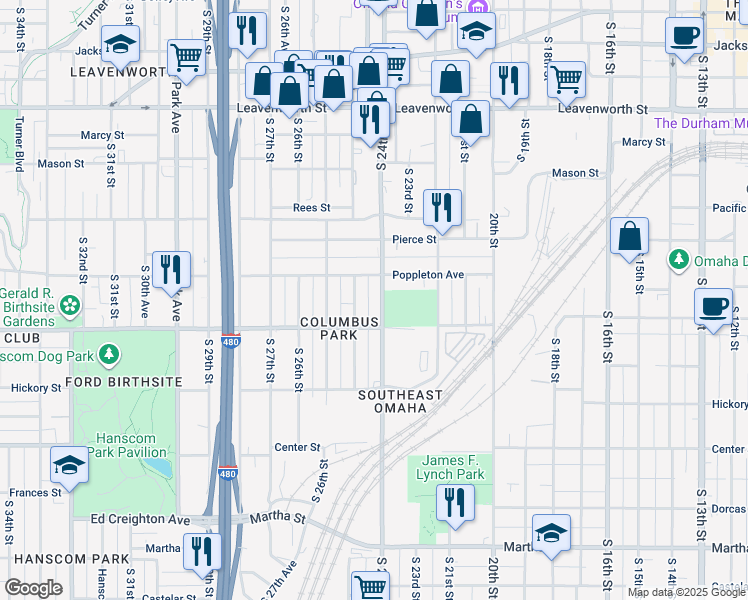 map of restaurants, bars, coffee shops, grocery stores, and more near 2406 Woolworth Avenue in Omaha