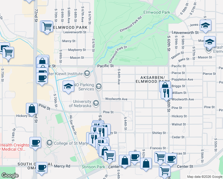 map of restaurants, bars, coffee shops, grocery stores, and more near 6470 Woolworth Avenue in Omaha