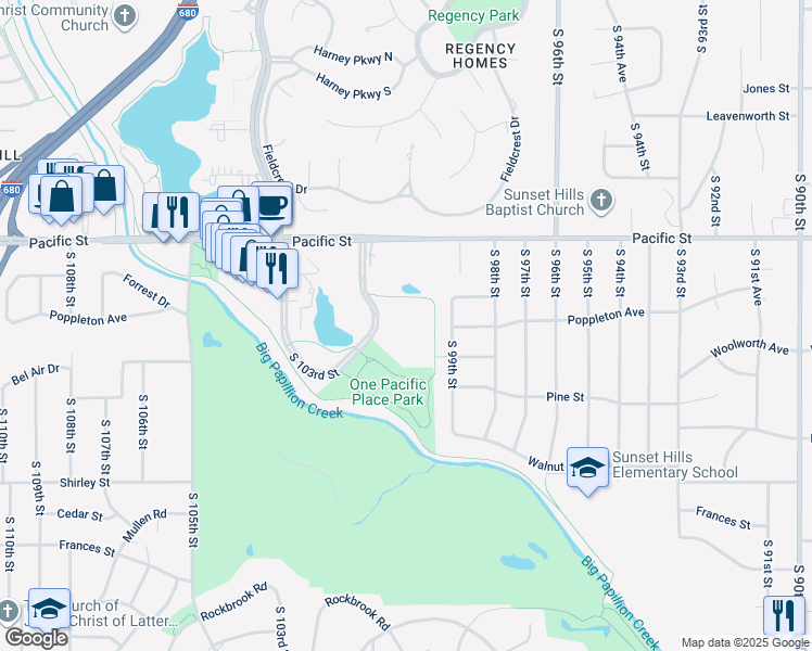 map of restaurants, bars, coffee shops, grocery stores, and more near 1325 South 101st Street in Omaha