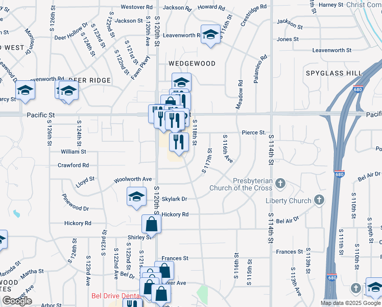 map of restaurants, bars, coffee shops, grocery stores, and more near 1313 South 118th Street in Omaha