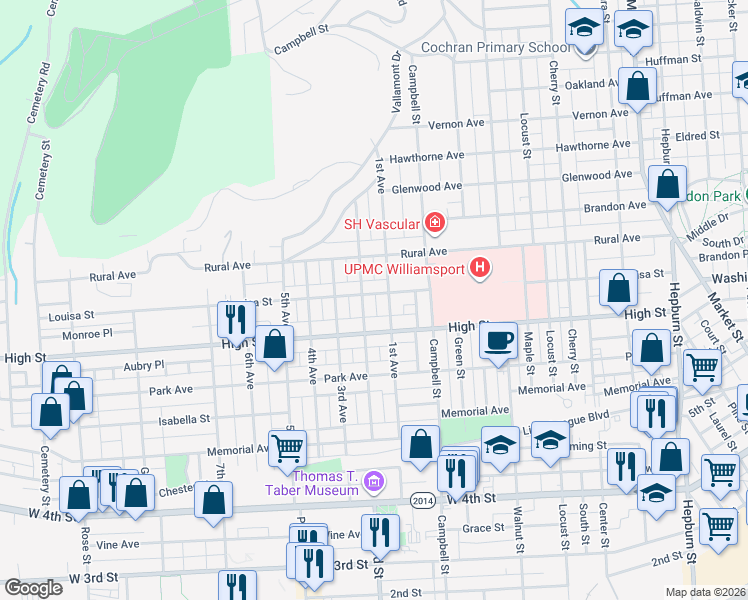 map of restaurants, bars, coffee shops, grocery stores, and more near 900 High Street in Williamsport