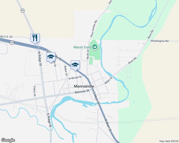map of restaurants, bars, coffee shops, grocery stores, and more near 46 North Main Street in Monroeville
