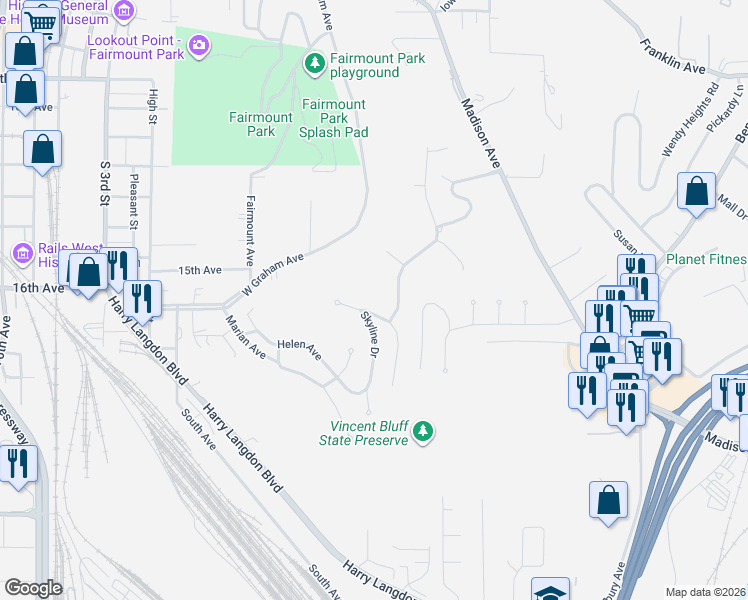 map of restaurants, bars, coffee shops, grocery stores, and more near 1605 Skyline Drive in Council Bluffs