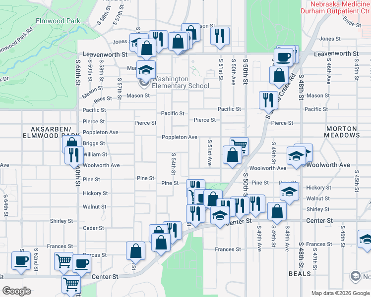 map of restaurants, bars, coffee shops, grocery stores, and more near 1414 South 52nd Street in Omaha