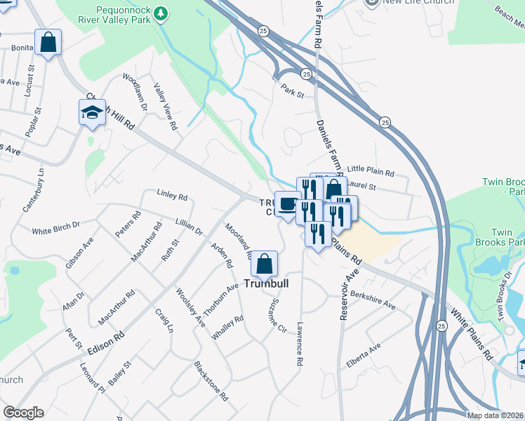 map of restaurants, bars, coffee shops, grocery stores, and more near 25 Moorland Road in Trumbull