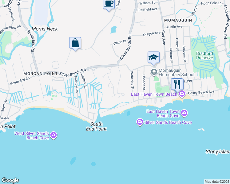 map of restaurants, bars, coffee shops, grocery stores, and more near 160 South Shore Drive in East Haven
