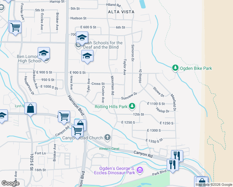 map of restaurants, bars, coffee shops, grocery stores, and more near 1010 Sunview Circle in Ogden