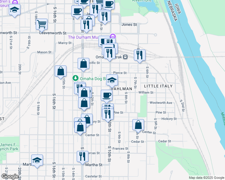 map of restaurants, bars, coffee shops, grocery stores, and more near 1335 South 10th Street in Omaha