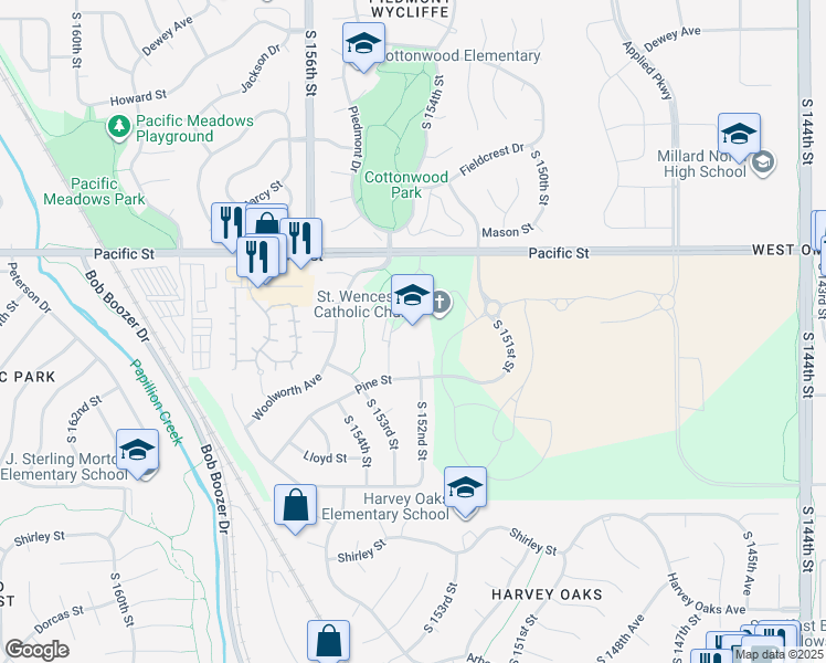 map of restaurants, bars, coffee shops, grocery stores, and more near 15353 Pacific Street in Omaha