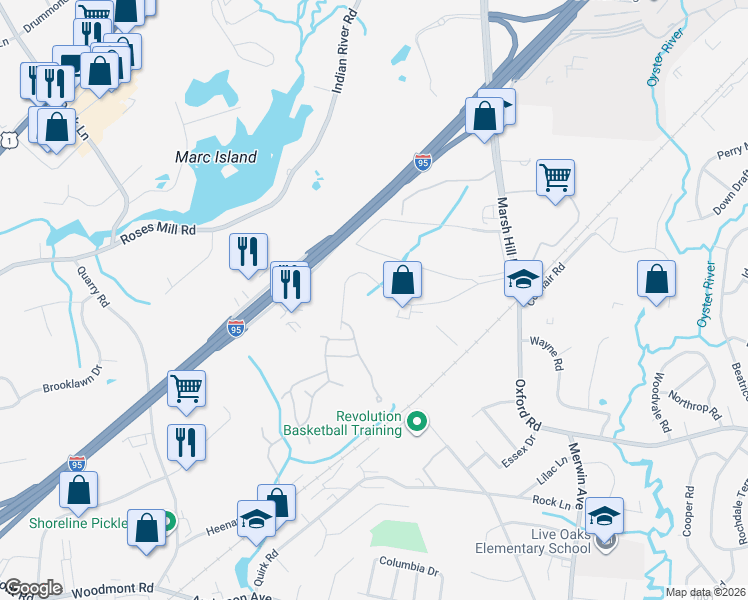 map of restaurants, bars, coffee shops, grocery stores, and more near 117 Cascade Boulevard in Milford