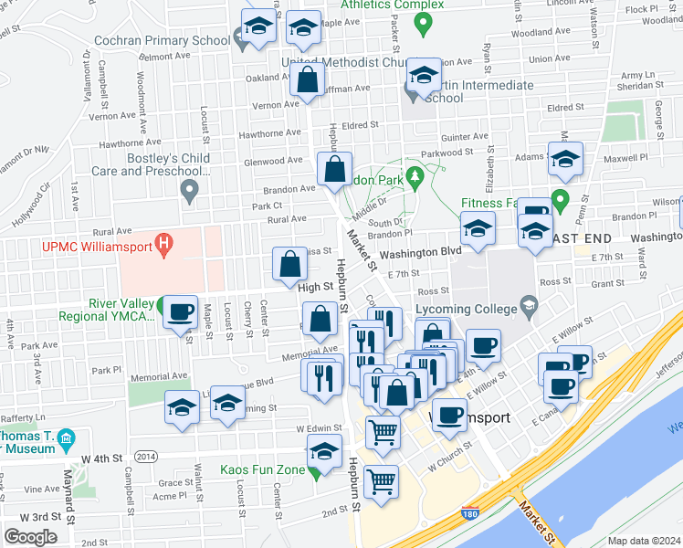 map of restaurants, bars, coffee shops, grocery stores, and more near 711 Hepburn Street in Williamsport