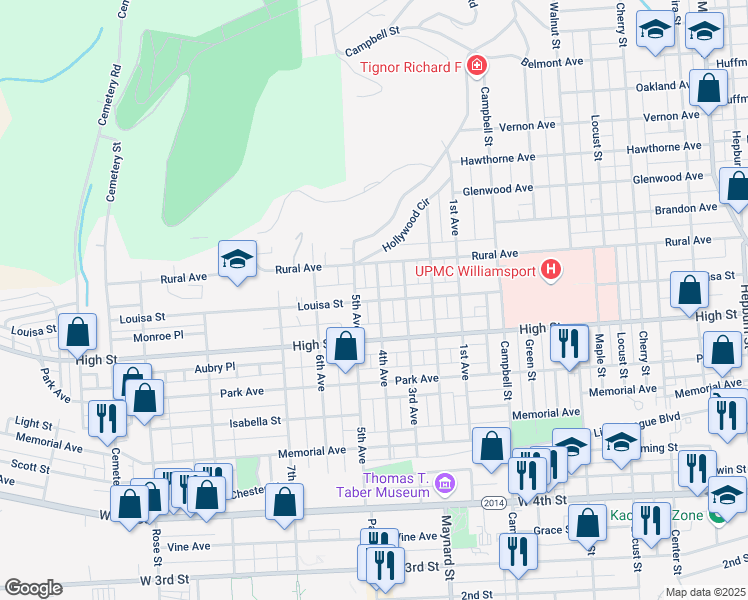 map of restaurants, bars, coffee shops, grocery stores, and more near 954 Louisa Street in Williamsport