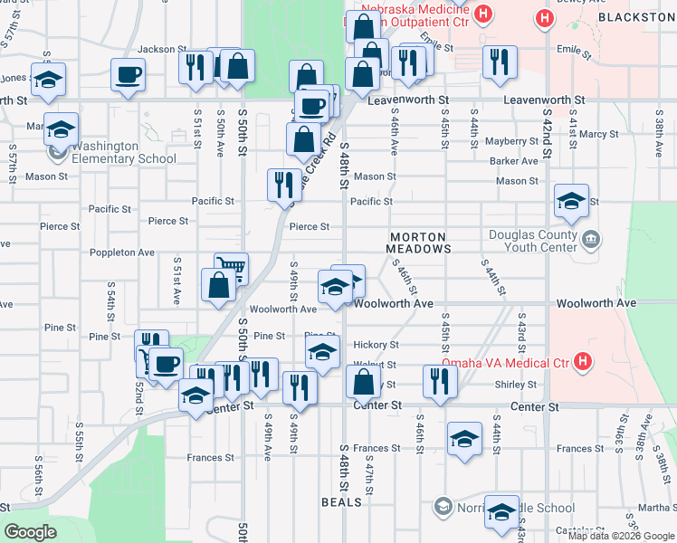 map of restaurants, bars, coffee shops, grocery stores, and more near 4685 Poppleton Avenue in Omaha